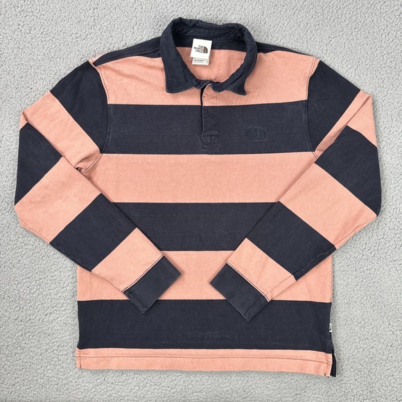 The North Face Berk Casual Rugby Shirt Men Medium Peach Navy Blue Striped - Picture 1 of 16